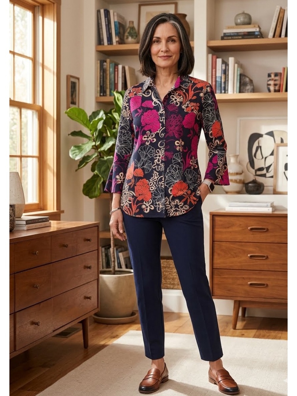 Chico’s Floral Button Front Shirt Bell Sleeves SZ 6 Artsy Modern Professional